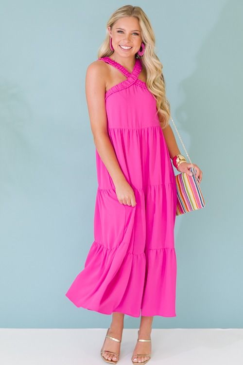 Candace Maxi, Hot Pink Spring Chic Halter Dress With Crisscross Straps, Chic Halter Dress With Crisscross Straps For Spring, Summer Halter Dress With Adjustable Straps For Spring, Spring Summer Halter Dress With Adjustable Straps, Chic Pink Halter Dress For Vacation, Spring/summer Halter Dress With Adjustable Straps, Pink Summer Halter Dress For Beach Season, Beach Halter Sundress With Adjustable Straps, Pink Halter Dress For Spring Vacation