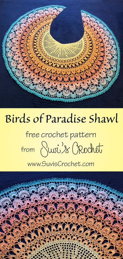 two crocheted doidles with the words birds of paradise shawl