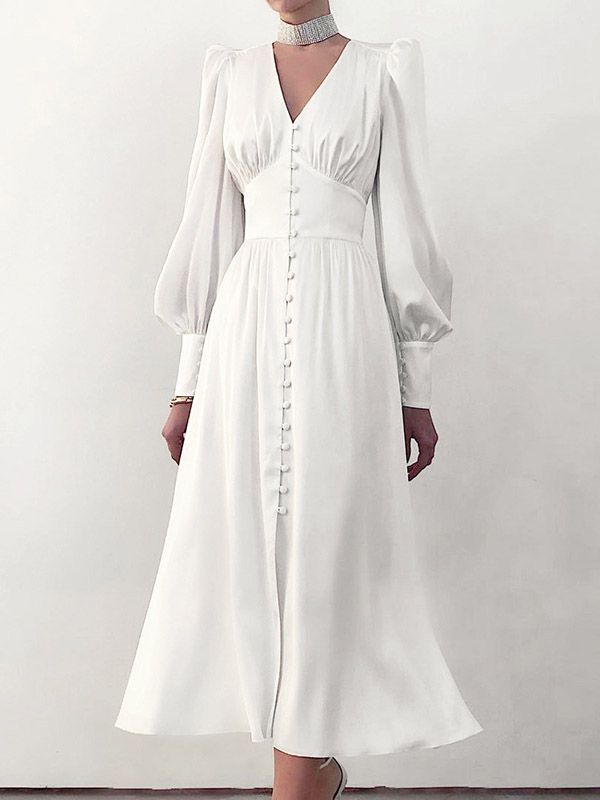 A-Line High Waisted Buttoned Pleated Solid Color V-Neck Midi Dresses WHITE-L Midi Dress Chic, Maxi Dress Wedding Guest, Maxi Dress Outfit, Satin Dress Long, Womens Long Dresses, Evening Dress Fashion, Women Long Sleeve Dress, Elegant Dresses For Women, Vestidos Vintage