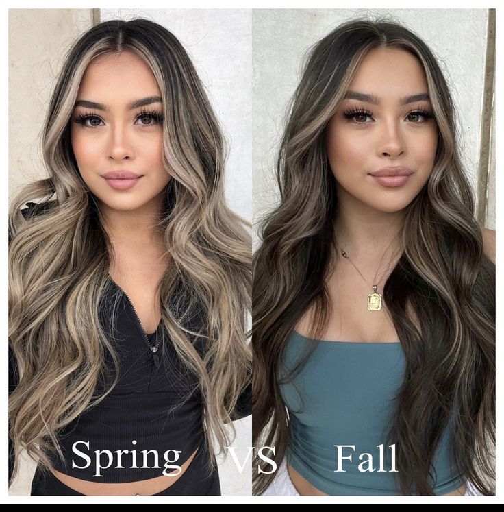 Balayage Hair Dimension, Brunette Hair Summer Highlights, Spring Brown Hair Balayage, Light Brown Hair Dark Highlights, Full Highlight On Black Hair, Neutral Beige Balayage, Subtle Highlights With Money Piece, Blonde Teasy Lights On Dark Hair, Balayage Hair On Tan Skin