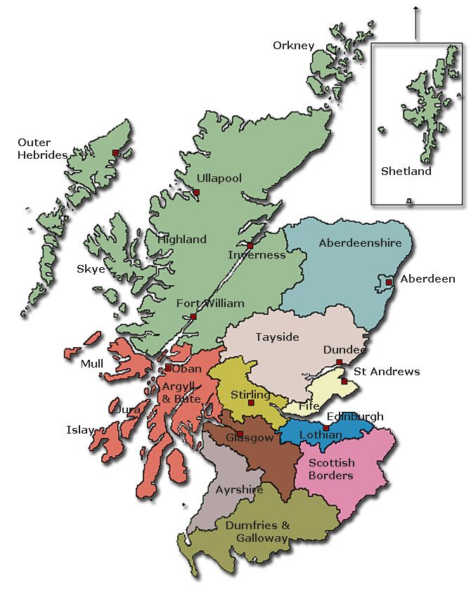 a map of scotland with all the major cities and towns in each country's capital