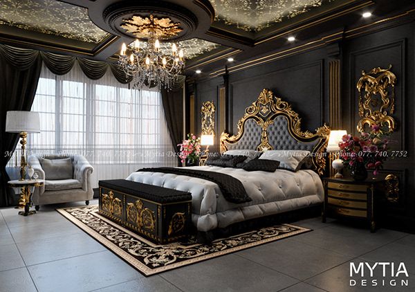 a luxurious bedroom is decorated in black and gold