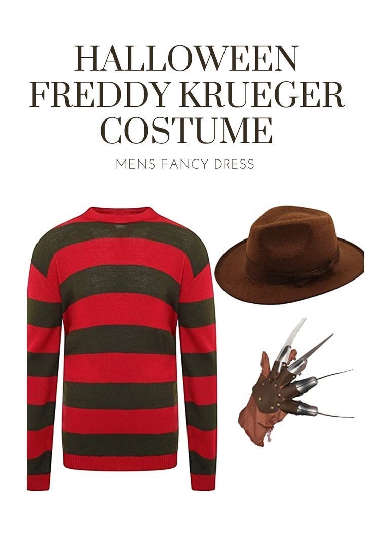 a man wearing a red and black striped sweater, brown hat and gloves with the words halloween friday kruiger costume men's fancy dress