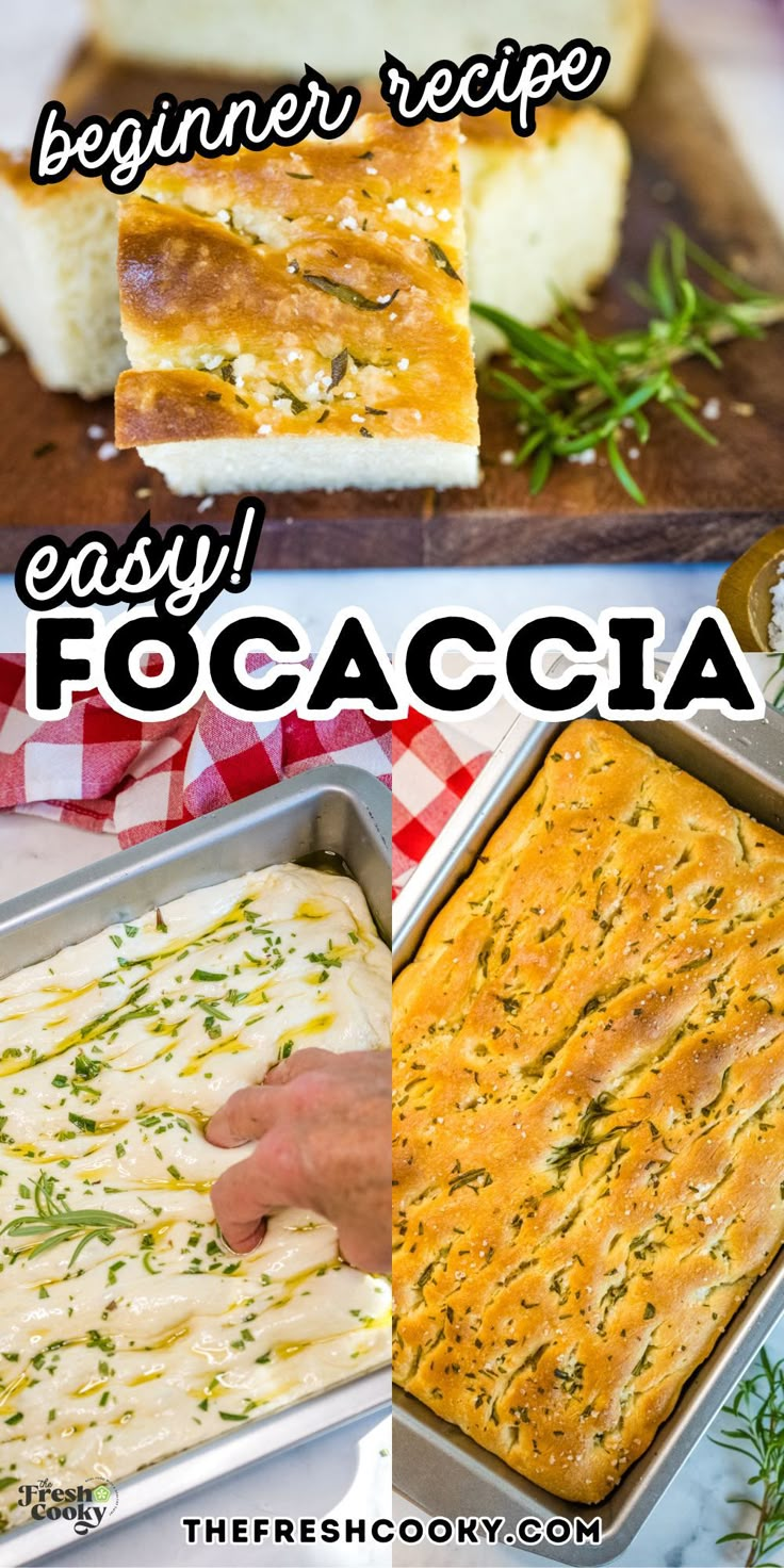 the recipe for easy focaccia is shown in three different pictures, with text overlay