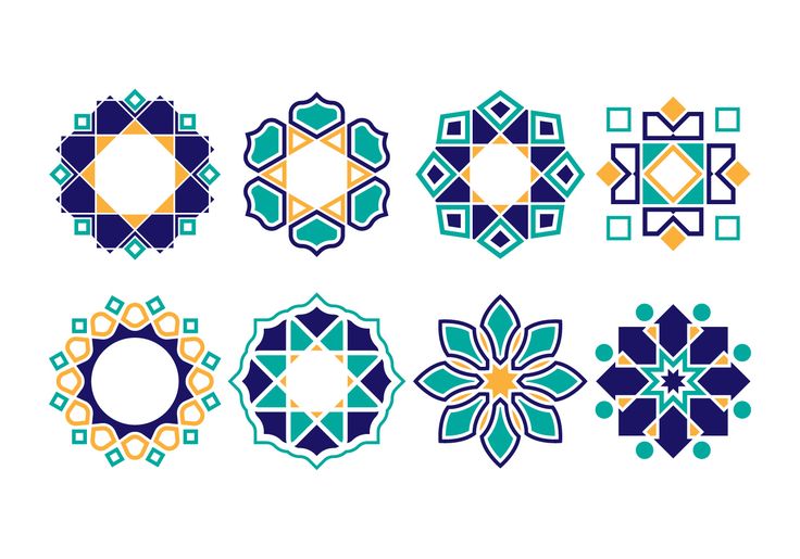 an assortment of geometric designs in blue, yellow and green colors on a white background