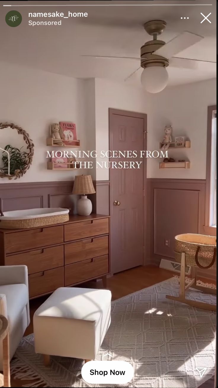 an image of a living room setting with the text morning scenes from the nursery shop now