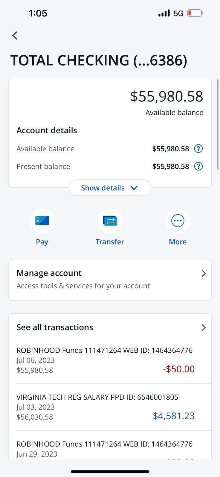 an iphone screen showing the balance and payment options for various items, including credit cards