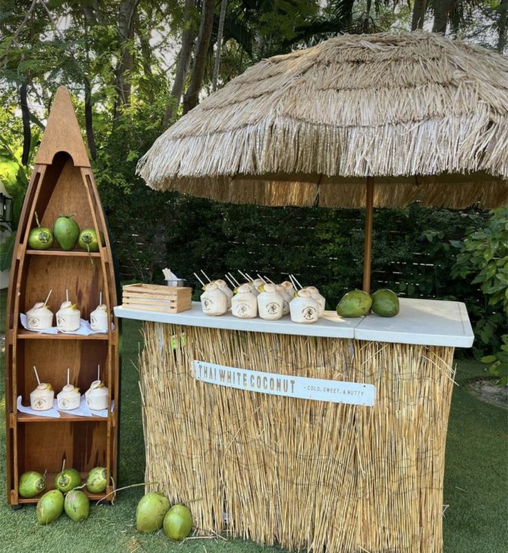 an outdoor bar with straw umbrella and coconuts on the grass, next to it