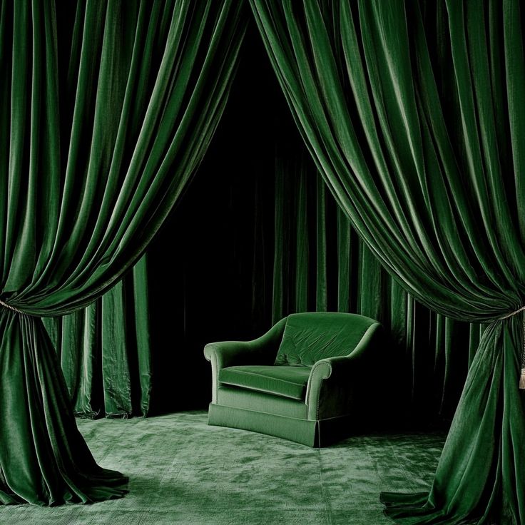 a green chair sitting in front of a curtain