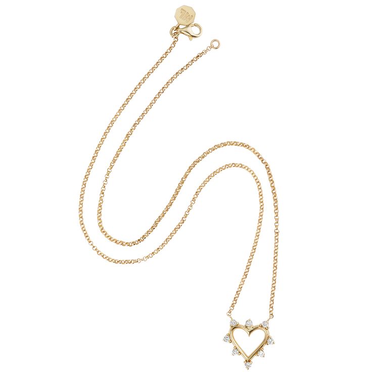 Handcrafted in Manhattan from the highest quality materials, Marlo Laz jewels are modern heirlooms and precious talismans. The Mini Open Heart Necklace is a constant reminder to face the day with an open mind. Hand-cast in 14K gold and adorned with white diamonds, this accessory is a special gift for yourself or someone you hold dear. Product Details 14K yellow gold with white diamonds. Made in Manhattan. Care Instructions Spot clean. Size & Fit 0.5" L Shipping Details Please allow 3 weeks for s Timeless Necklace With Rose Cut Diamonds For Gift, Timeless Necklace With Rose Cut Diamonds As Gift, Timeless Rose Cut Diamond Necklace For Gift, Timeless Rose Cut Diamond Necklace As Gift, Timeless Rose Cut Diamond Necklace Gift, Gift Jewelry With Diamond White Rose Cut Diamonds, Gift Jewelry With Rose Cut Diamonds In Diamond White, Timeless Single Cut Diamond Jewelry Gift, Heirloom White Gold Necklace With Single Cut Diamonds