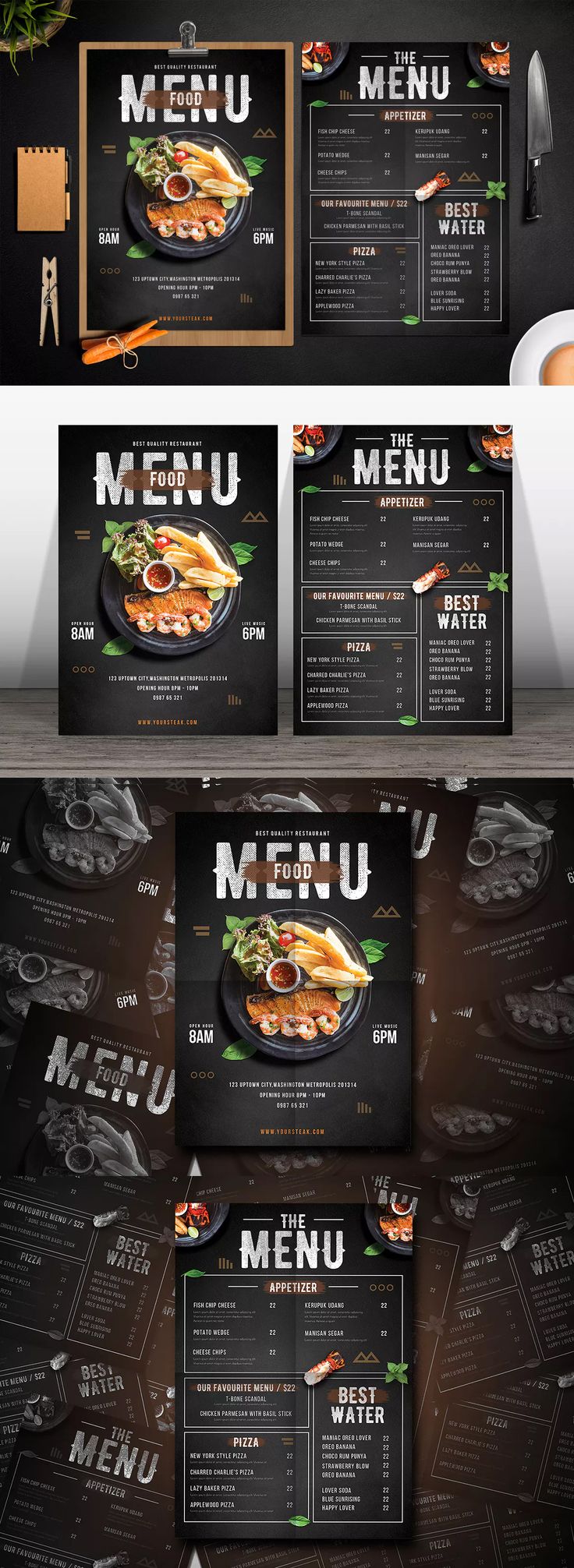 a restaurant menu is shown with black and white designs on the front, side and back