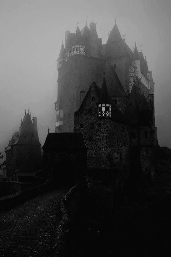 an old castle in the fog on a dark day