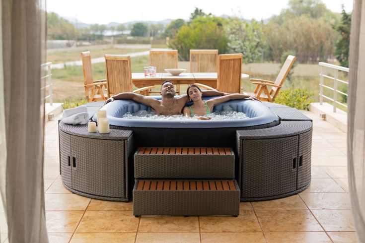 MSpa Tekapo Portable Inflatable Hot Tub - charcoal grey with  Filter cartridge, Cartridge base, Drainage hose adapter, Buckle cover/ground mat set, in a white background Whirlpool Deck, Cool Grey Color, Hot Tub Surround, Inflatable Spas, Hot Tub Patio, Outdoor Hot Tub, Portable Hot Tub, Hot Tub Accessories, Tub Enclosures