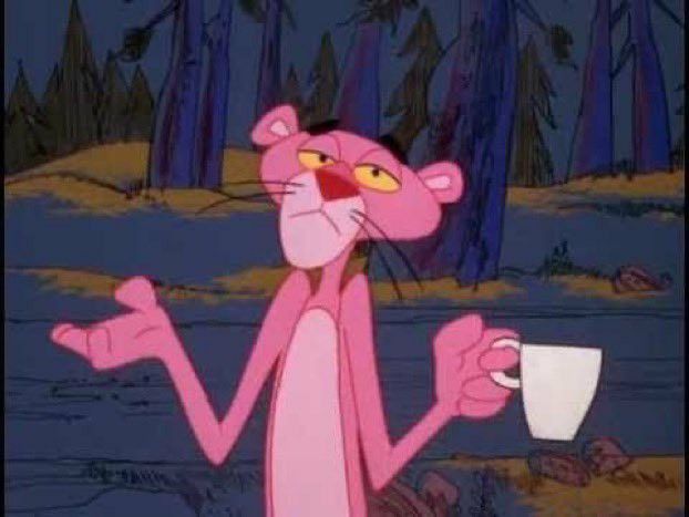 pink panther is holding a cup in his hand