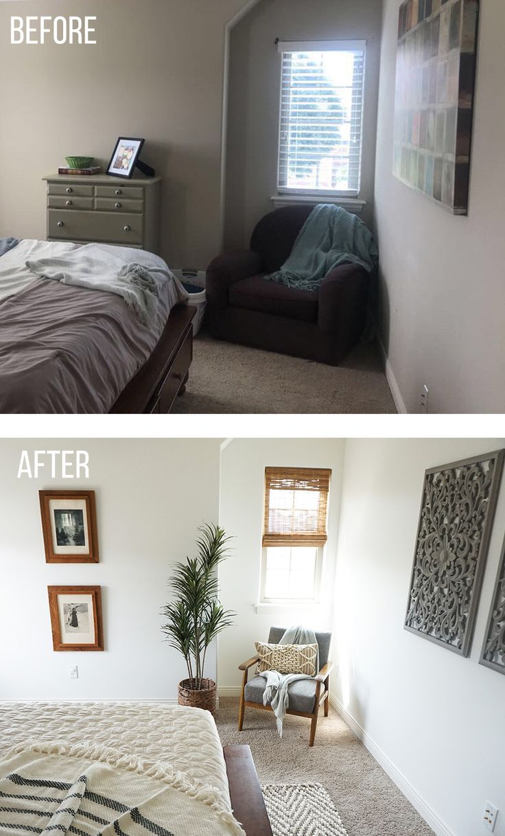 before and after pictures of a bedroom with white walls, carpeted flooring and furniture