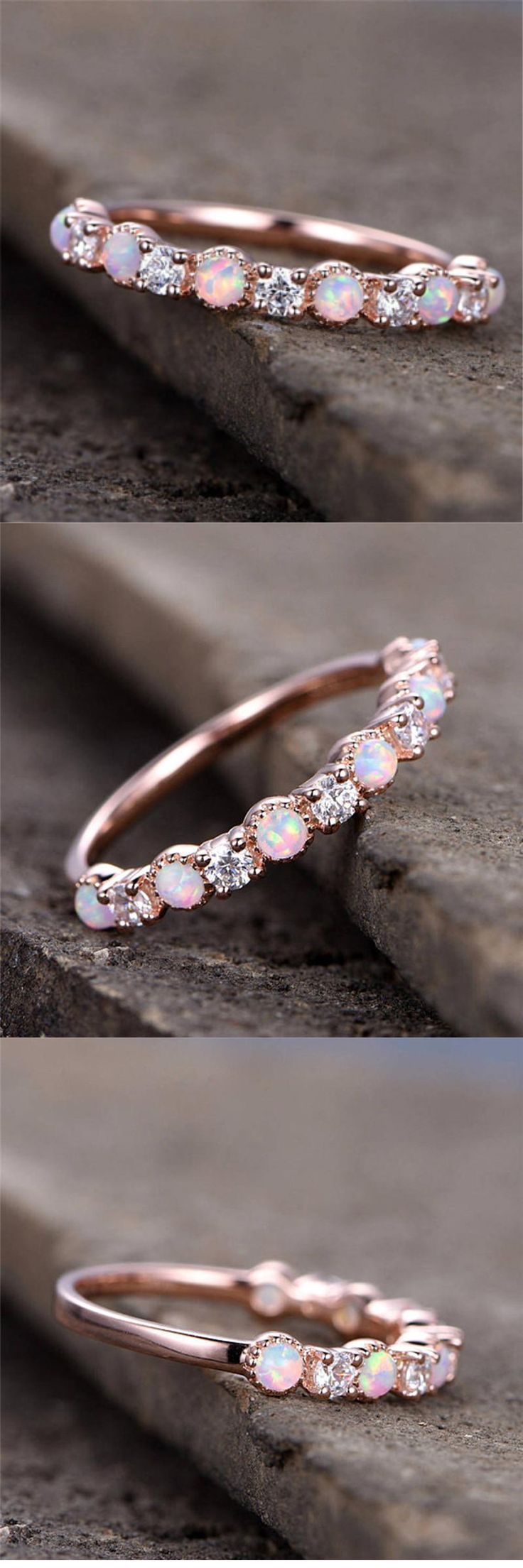 Rose Opal Ring #jewelry #rings #gifts #wedding #engagement #fashion Rose Gold Crystal Promise Ring For Valentine's Day, Rose Gold Cubic Zirconia Flower Ring As A Gift, Valentine's Day Rose Gold Crystal Ring, Pink Half Eternity Jewelry Gift, Elegant Rose Gold Crystal Ring With Round Band, Elegant Pink Opal Ring For Anniversary, Rose Gold Round Cut Flower Ring For Anniversary, Elegant Rose Gold Crystal Ring For Promise, Rose Gold Flower Ring For Anniversary