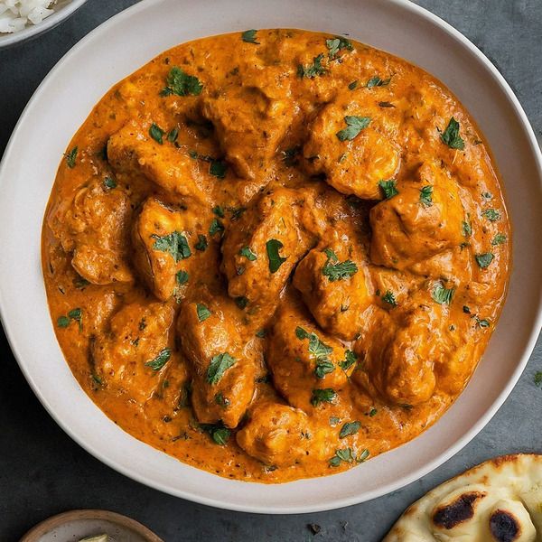 a white bowl filled with chicken curry next to pita bread