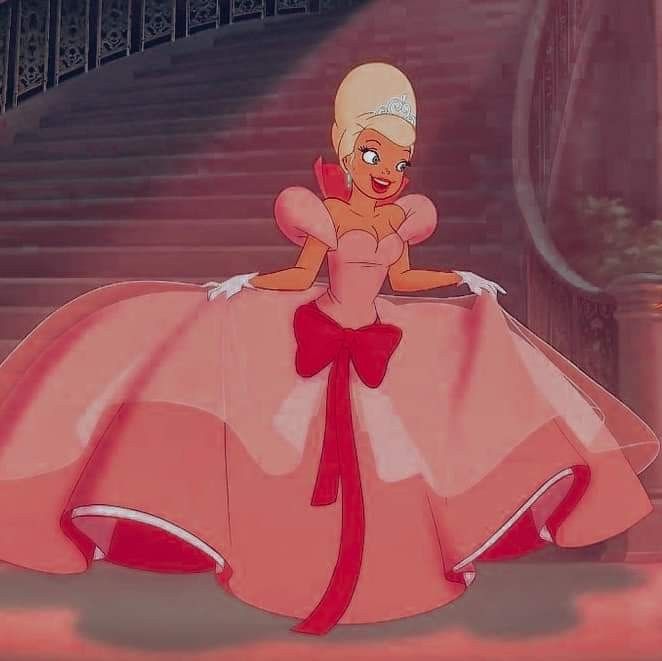 an animated image of a woman in a pink dress sitting on the steps with stairs behind her