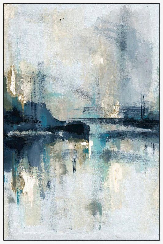 an abstract painting with blue and white colors on the canvas, it looks like they are floating