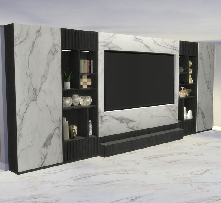 an entertainment center with white marbled walls and black trimmings on the doors