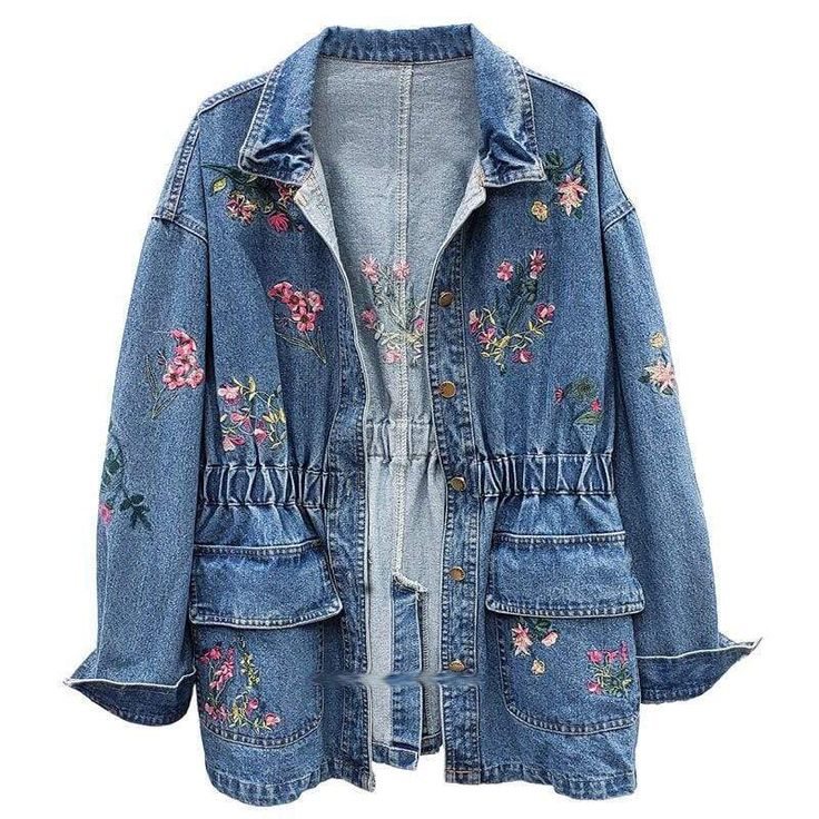 wickedafstore Clover Floral Embroidery Denim Jacket Trendy Floral Embroidered Denim Jacket For Spring, Trendy Spring Denim Jacket With Patch Pockets, Spring Denim Blue Outerwear With Patch Pockets, Spring Button-up Denim Jacket With Pockets, Spring Denim Jacket With Pockets And Button-up, Casual Embroidered Denim Blue Outerwear, Casual Embroidered Denim Outerwear, Casual Embroidered Denim Jacket For Winter, Spring Denim Outerwear With Multicolor Embroidery