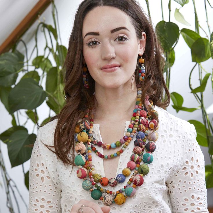 This incredible piece has five strands of varying-sized repurposed Kantha textile beads. It's truly the ultimate statement necklace! It can easily be styled with a tunic and jeans or elevated for evening. Measures 18" at the shortest strand, 29" at the longest, with a 3" extender. This colorful necklace is one-of-a-kind, as the beads are from repurposed textiles. No two are exactly alike. Sustainably handmade by women artisans in India. Candle Factory, Handmade Fair, Fabric Necklace, Colourful Necklace, Women Artisans, Fabric Jewelry, Accessories Branding, Unique Necklaces, How To Make Beads