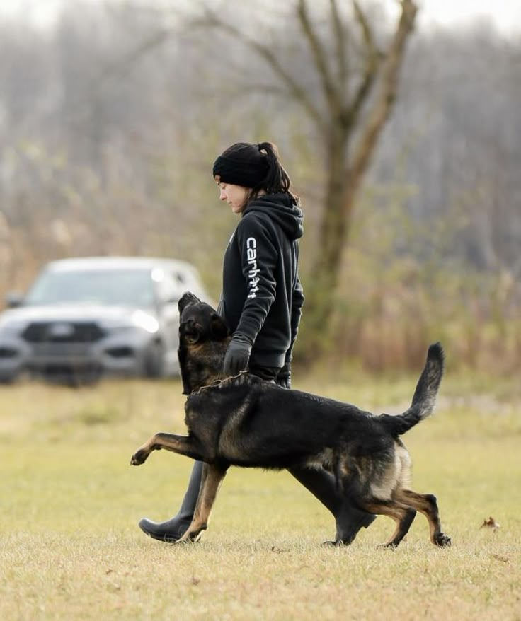 a woman is playing with her dog in the grass near a parked car and trees