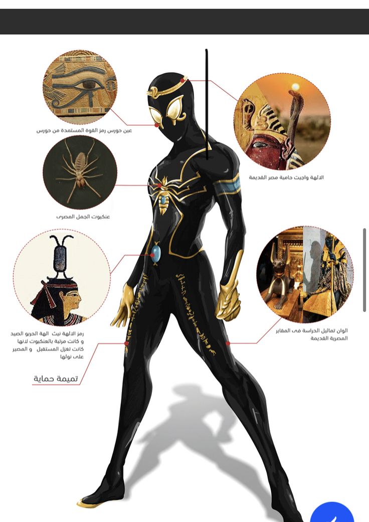 an image of a man in black and gold with many different things on his body