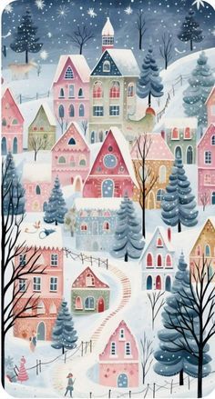 a painting of houses in the snow with trees on each side and people walking down the street