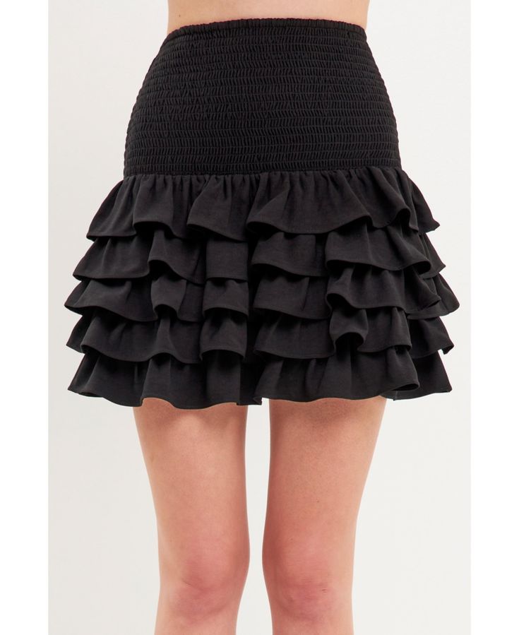 in stock Jet Black Color, Ruffle Mini Skirt, Plunge Bra, Black Mini, Jet Black, Smocking, Ruffles, Mini Skirt, Elastic Waist