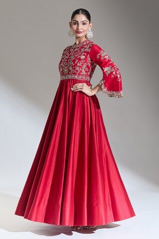 Red longline anarkali with dori embroidered floral vine embroidered bodice and sleeves. - Aza Fashions Anarkali Patterns, Floral Anarkali, Jayanti Reddy, Red Kurta, Embroidered Anarkali, Diana Penty, Embroidered Bodice, Luxury Sale, Floral Vine