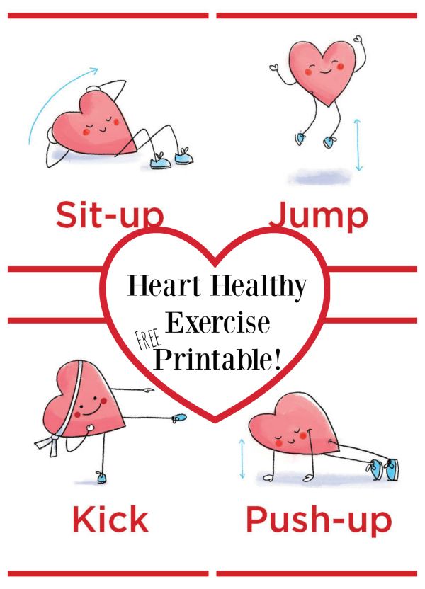 a heart with the words sit up, jump, heart healthy and exercise printable