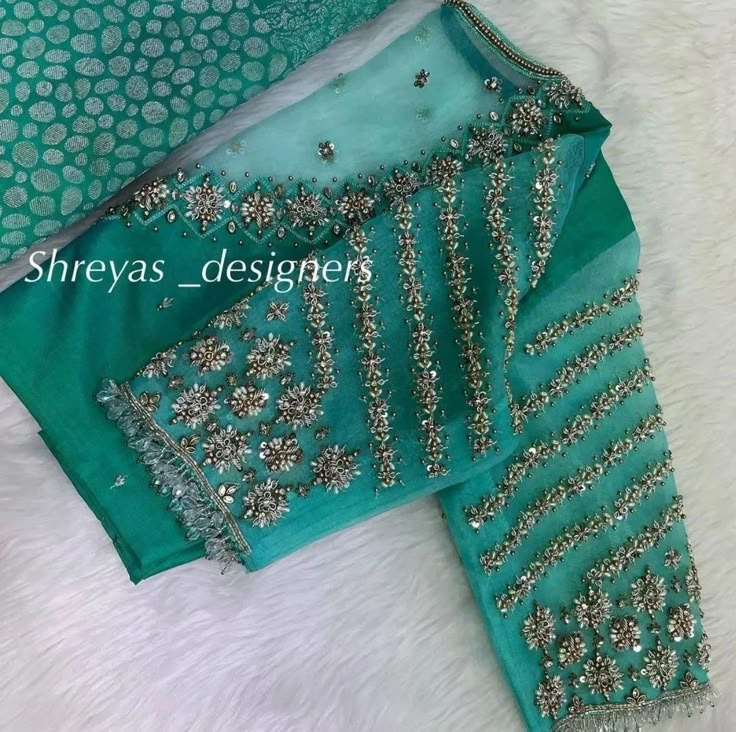 Blouse Net Hand Designs, Blue Green Combination Blouse Designs, Light Green Aari Work Blouse Design, Maggam Work Blouse Designs With Net, Netted Maggam Work Blouse Designs, Green Bridal Blouse Designs, Rama Green Blouse Designs, Light Blue Blouse Designs, Silver Colour Blouse Designs Latest