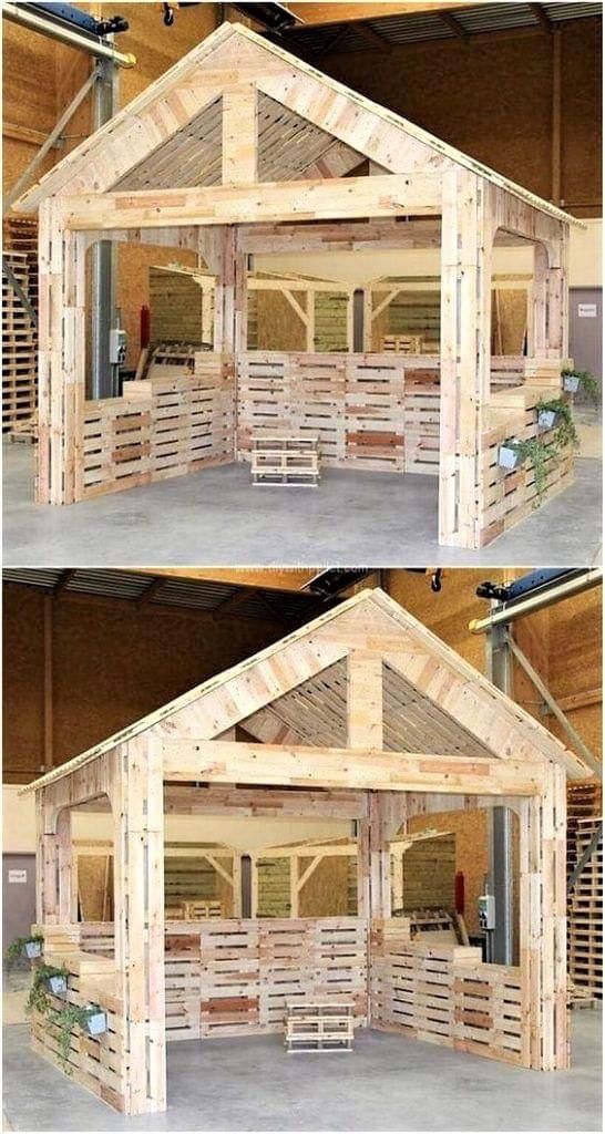 two pictures of a house made out of wooden pallets