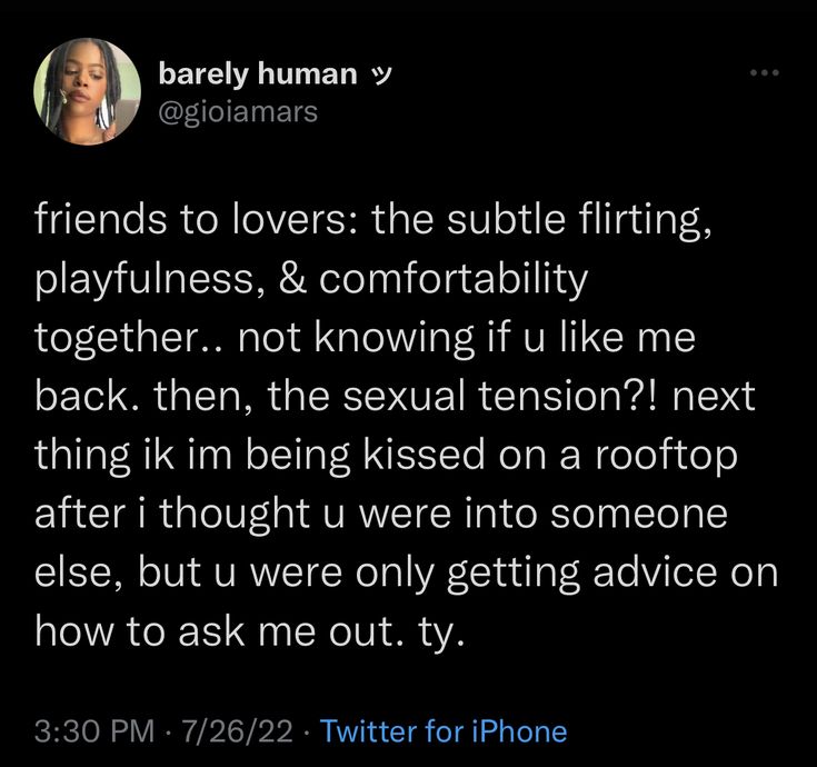 a tweet with the caption'friends to lovers the subtle fitting, playfulness, and comfortableness