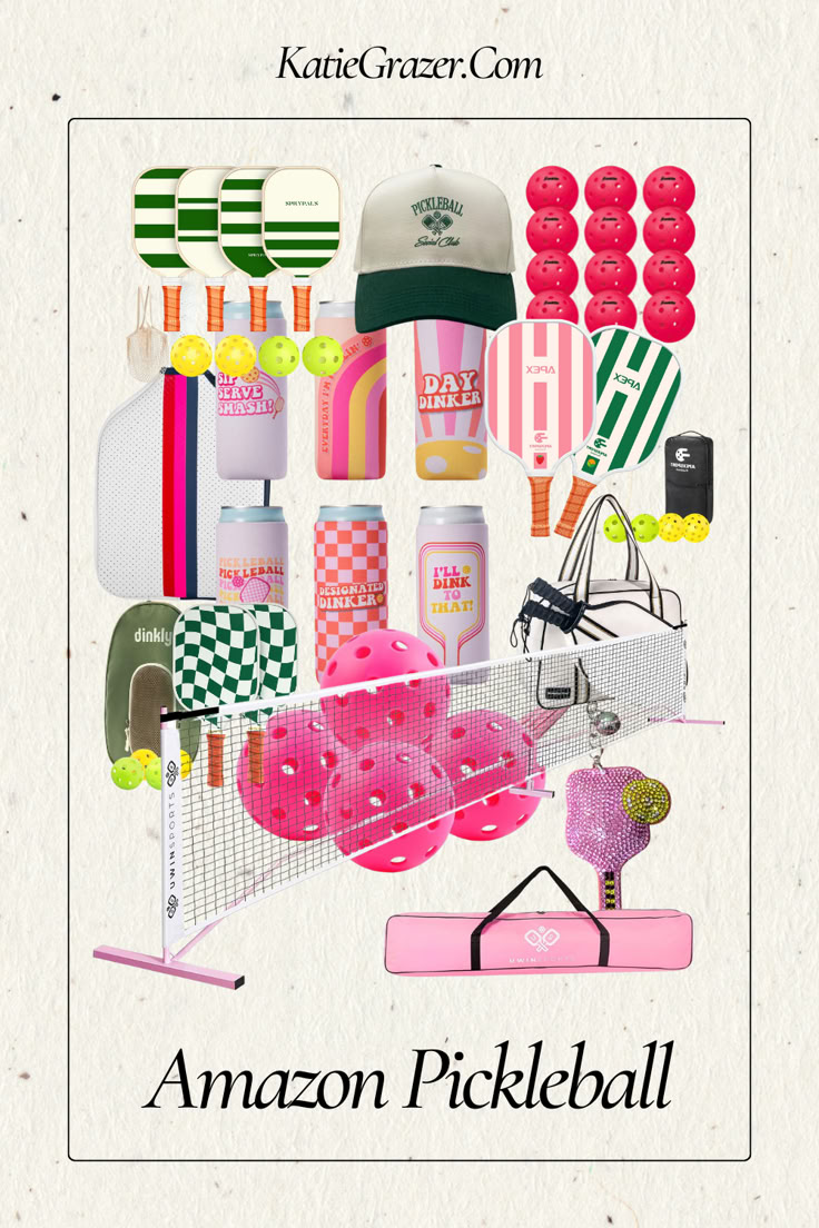 an advertisement for the amazon pickleball is shown with many items in pink and green