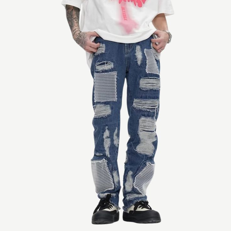 Introducing our trendy hip hop ripped mesh jeans! Made for the fashion-forward individual, these jeans feature strategically placed rips and mesh details, perfect for adding an edgy touch to any outfit. Express your unique style and stand out from the crowd with these one-of-a-kind jeans. Features: -95% Cotton -Mid-Waist -Pleated Design -Premium Denim Fabric -Ripped -Patchwork -Regular fit -Hip Hop style Distressed Hip Hop Pants For Streetwear, Hip Hop Distressed Pants For Streetwear, Distressed Pants For Streetwear Hip Hop Style, Ripped Punk Jeans For Streetwear, Punk Ripped Jeans For Streetwear, Ripped Urban Jeans For Streetwear, Ripped Jeans For Urban Streetwear, Ripped Pants For Summer Streetwear, Edgy Streetwear Jeans For Spring