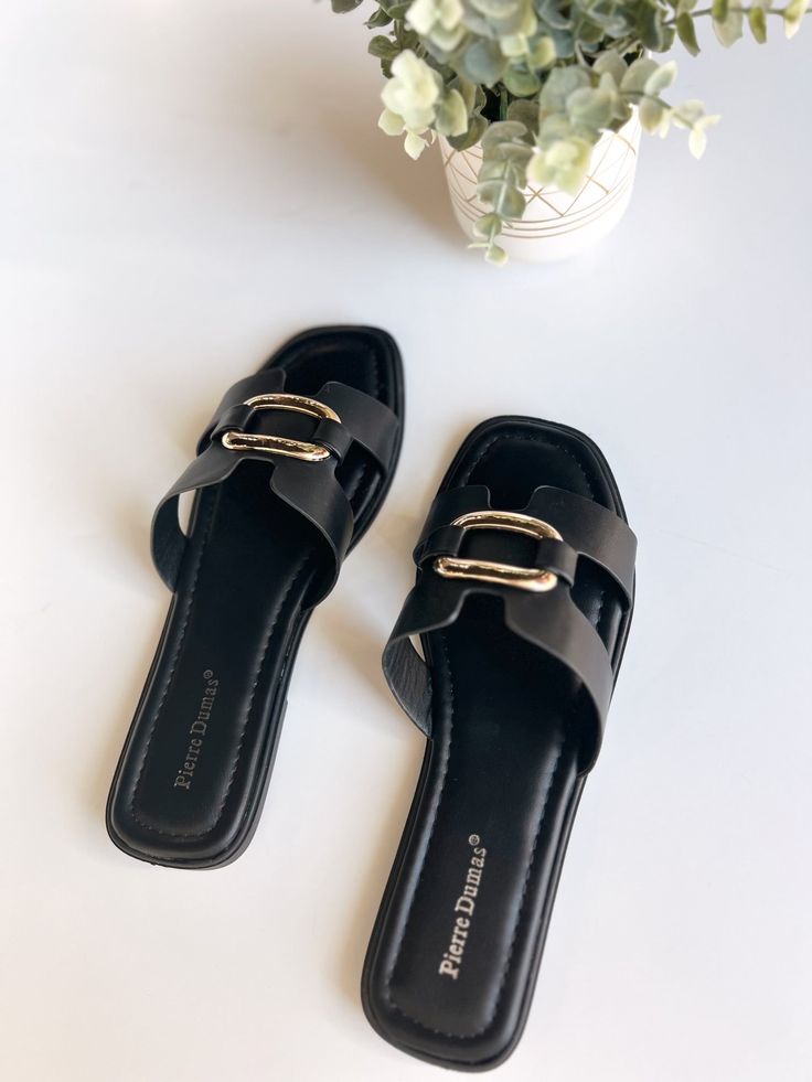 Black buckle flat slip on sandal Sizes 6-10 Buckled Flats, Botanical Pattern, Flat Sandals, Slip On Sandal, Phone Numbers, Shoe Accessories, Faux Leather, Mac, Slip On