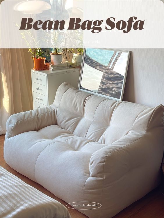 #beanbag #couch #beanbagsofa #homefurniture #homedecor #roomdecor #collegedorm #apartmentcouch #minimalist #homeinspo Sofa Bedroom Aesthetic, Comfy Sofas For Bedroom, Small Comfy Sofa For Bedroom, Cool Couches For Bedroom, Tiny Sofa For Bedroom, Room Couch Aesthetic, Small Bedroom Couch Ideas, Small White Couch Bedroom, Dorm Room Lounge Area