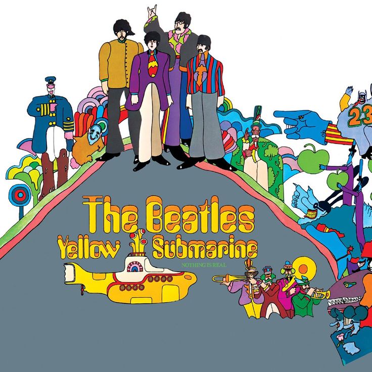 the beatles yellow submarine album cover with cartoon characters surrounding it and an image of people in costumes