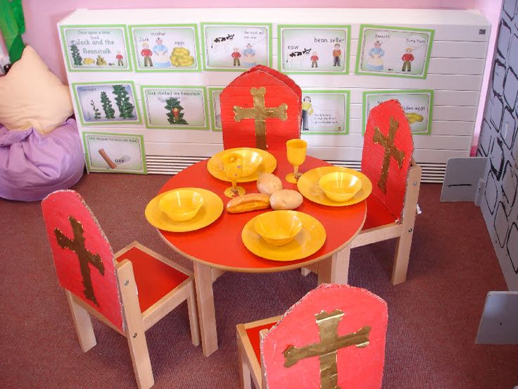 a child's table and chairs in a playroom