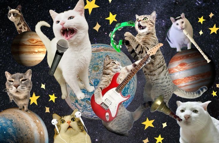 there are many cats that are singing in front of the earth and stars on the sky