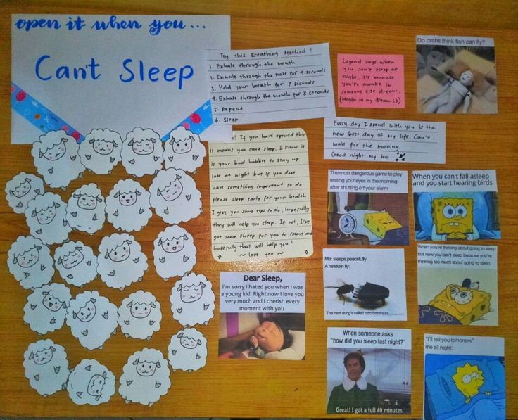 a bulletin board with sheep on it and some notes attached to the board that says can't sleep