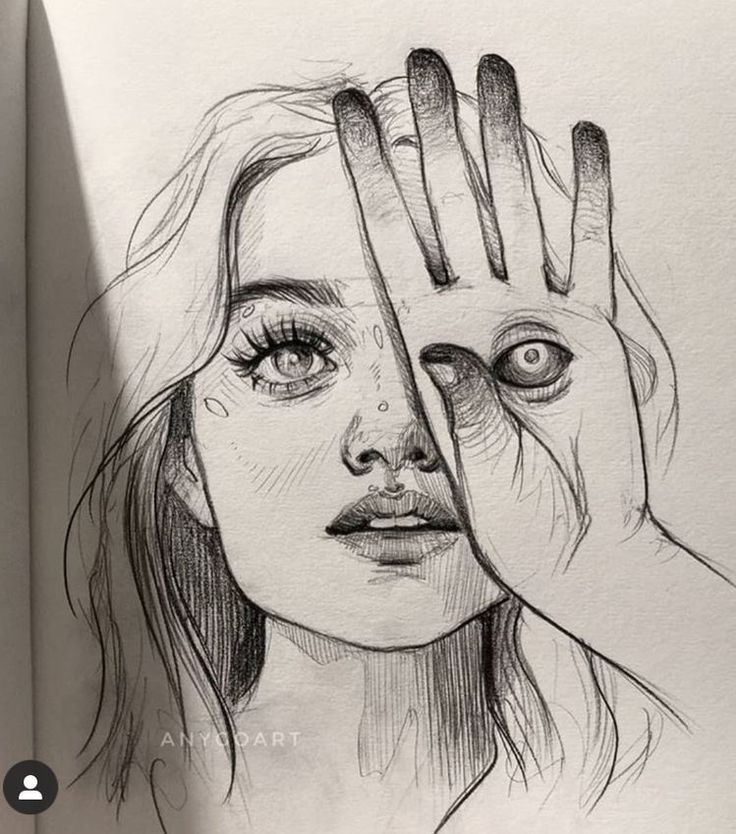 a drawing of a woman holding her hand up to her face