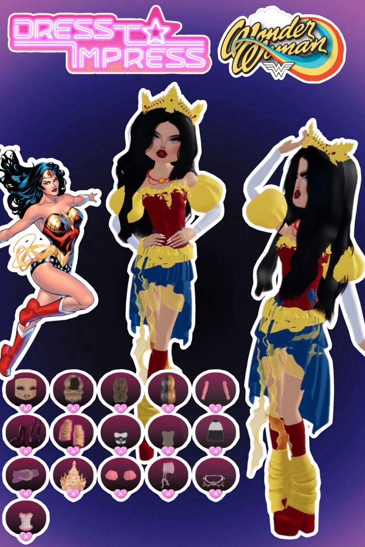 an image of wonder woman cut outs on a purple and blue background with the words, dress - up impress