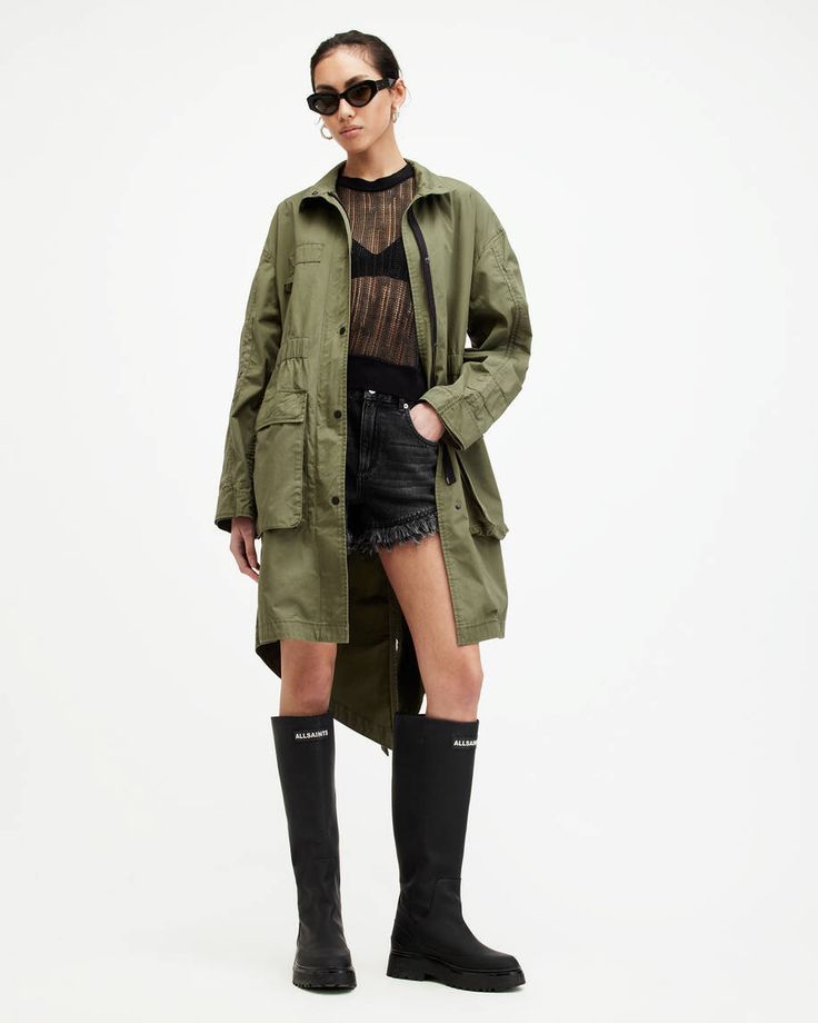 Milla Relaxed Fit Printed Parka Jacket KHAKI GREEN | ALLSAINTS US Oversized Khaki Cotton Parka, Oversized Military Spring Outerwear, Oversized Military Outerwear For Spring, Spring Cotton Utility Jacket For Outdoor, Oversized Cotton Parka For Fall, Spring Khaki Cotton Parka, Oversized Khaki Parka For Spring, Khaki Cotton Parka For Fall, Fall Khaki Cotton Parka