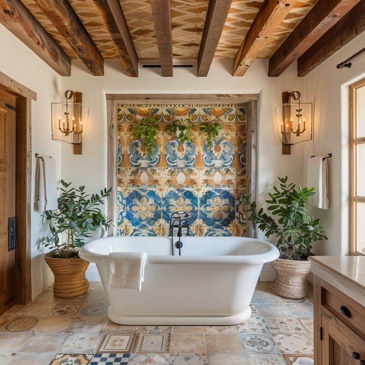 a bathroom with a large bathtub next to a sink and potted plants on the wall