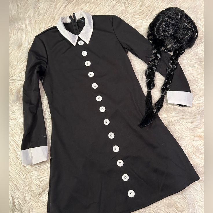 Perfect For Halloween Or Cosplaying. Brand New! Includes Black Long Sleeves Dress With Buttons Down The Front And Wig. Size Medium Wednesday Costume, Long Sleeves Dress, Dress With Buttons, Sleeves Dress, Black Long Sleeve Dress, Black Long Sleeve, Wigs, Long Sleeve Dress, Womens Sizes