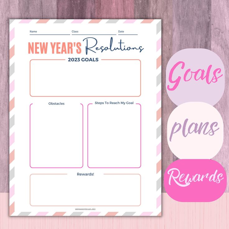 the new year's resolution goal sheet with pink and gray stripes