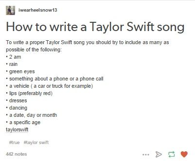 a screenshot of taylor swift's twitter account about how to write a taylor swift song